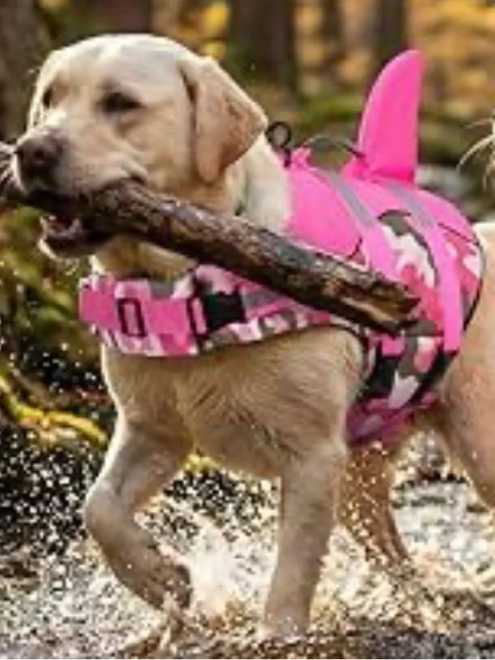 Pink Camo Dog Life Jacket with Handle and shark Fin